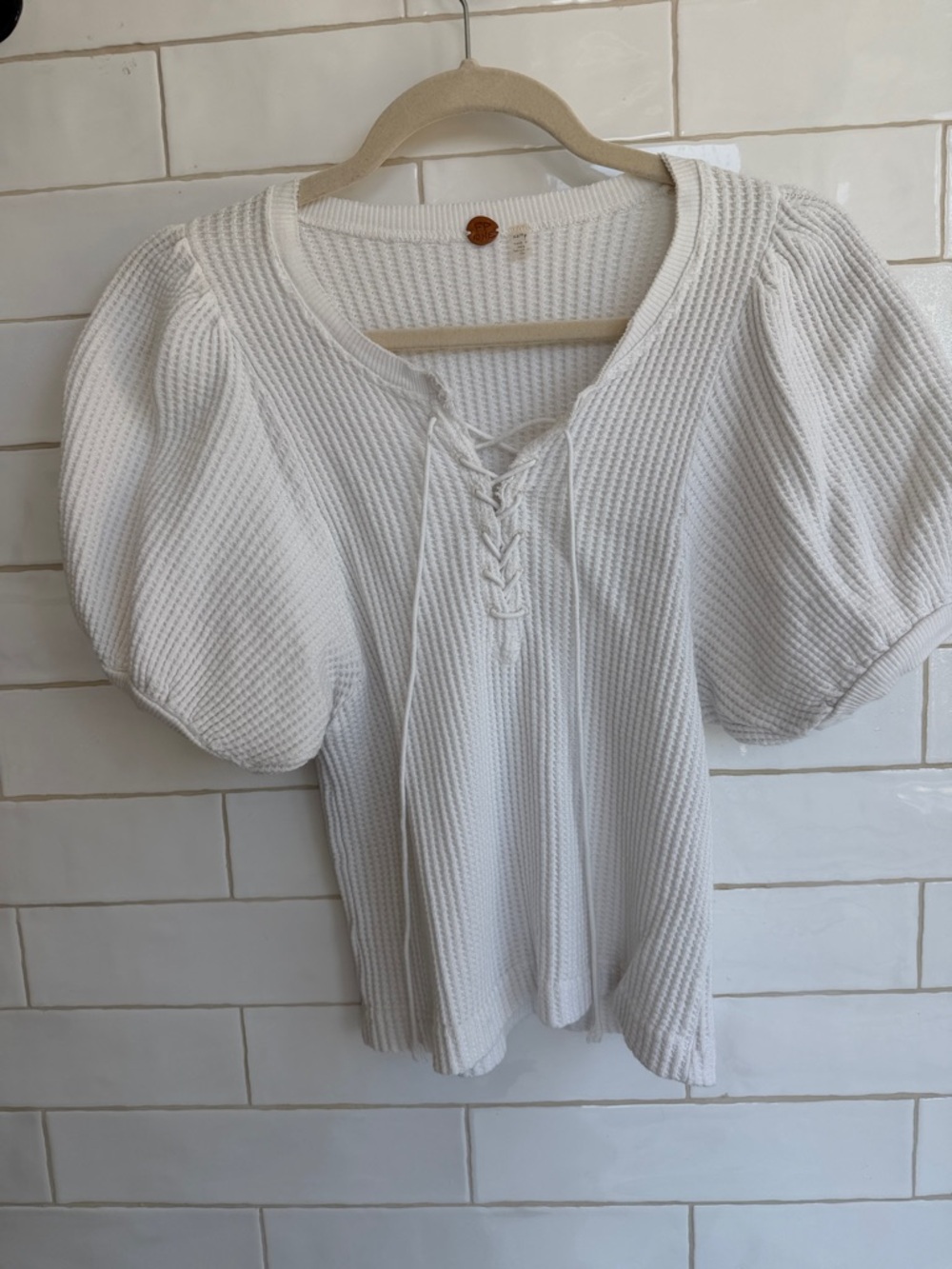 Free People White Puff Sleeve Lace-Up Knit Top